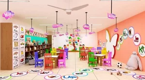 a room with colorful chairs and tables