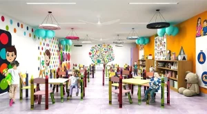 a room with tables and chairs