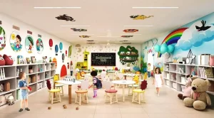 a room with tables and chairs